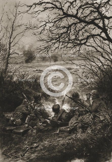 'Dans la Bataille; Les troupes d'assaut allmandes, avancant en terrain decouvert, sont.... Creator: Unknown.