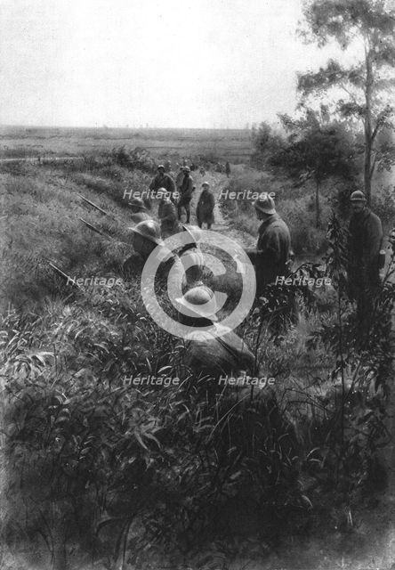 'Dans la Bataille; Ligne de resistance formee dans un chemin creux, au Nord de la foret...', 1918. Creator: Unknown.