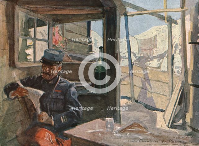 'Dans les tranchees; Le gourbi d'un capitaine d'infanterie aux "cavaliers de Courcy..., 1915. Creator: Charles Hoffbauer.