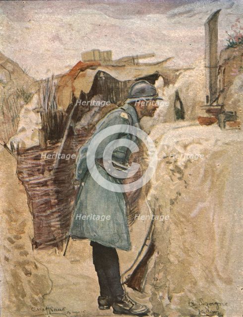 'Dans les tranchees; Le periscope (tranchee de la Carriere)', c1915. Creator: Charles Hoffbauer.
