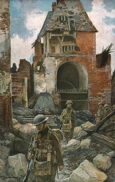 Dans les villes liberees (mars 1917); Soldats anglais dans les vieux remparts de Peronne 1917. Creator: Francois Flameng