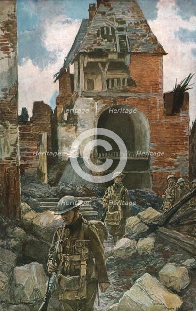 'Dans les villes liberees (mars 1917); Soldats anglais dans les vieux remparts de Peronne', 1917. Creator: Francois Flameng.
