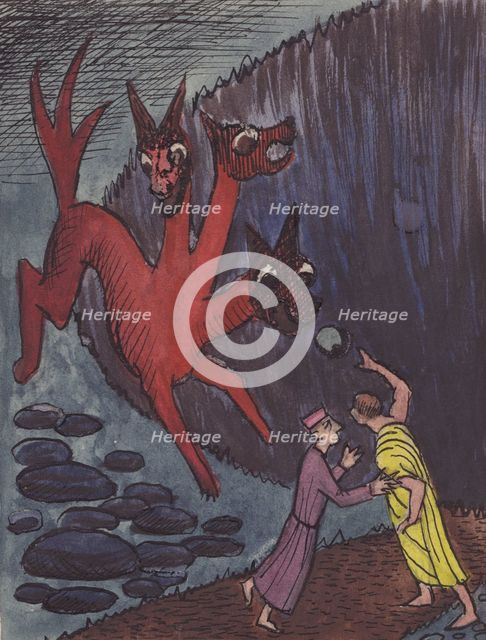 Dante and Virgil with three-headed monster, 1951. Creator: Shirley Markham.