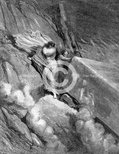 Dante and Virgil at the edge of the abyss from which a foetid smell steamed up, 1863. Artist: Gustave Doré