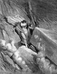 Dante and Virgil at the edge of the abyss from which a foetid smell steamed up, 1863. Artist: Gustave Doré