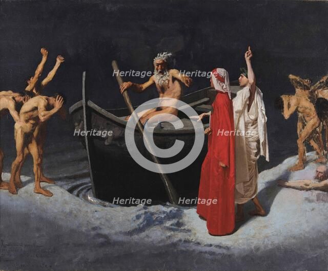 Dante and Virgil in front of Charon's Boat, 1874. Creator: Vetri, Paolo (1855-1937).