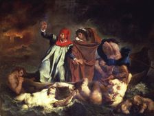 Dante and Virgil led by Flegias, cross the lake that surrounds the hell oil of 1822 by Eugene…
