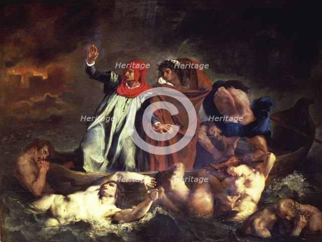  'Dante and Virgil led by Flegias, cross the lake that surrounds the hell', oil of 1822 by Eugene…