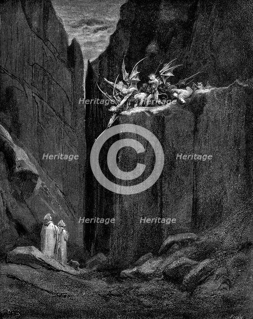 Dante protected by Virgil from harm by demons, 1863. Artist: Gustave Doré