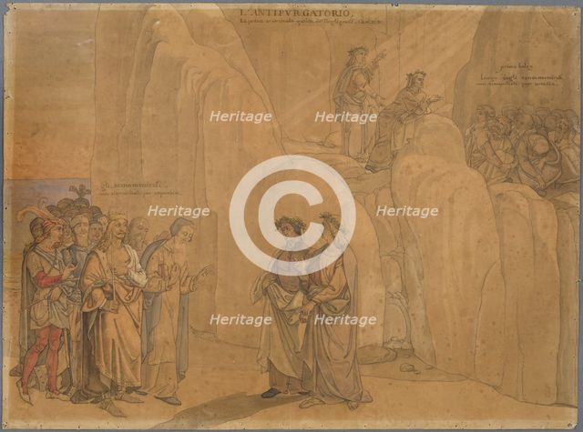 Dante, reaching a rock face, encounters Manfred, the former king of Apulia and Sicily..., 1827-1832. Creator: Johann Anton Ramboux.