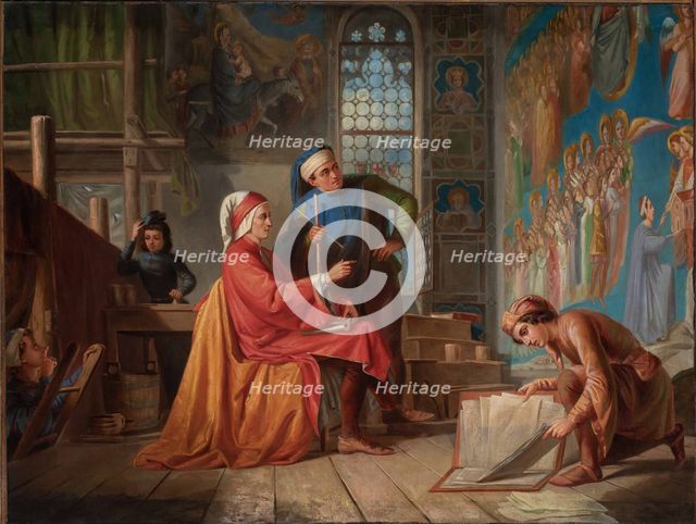 Dante visits Giotto in the Scrovegni Chapel, ca 1865. Creator: Toniolo, Leopoldo (1833-1908).