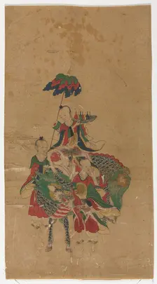 Daoist Immortal on a Kilin and Two Attendants, late 1800s. Creator: Unknown