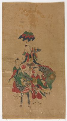 Daoist Immortal on a Kilin and Two Attendants, late 1800s. Creator: Unknown