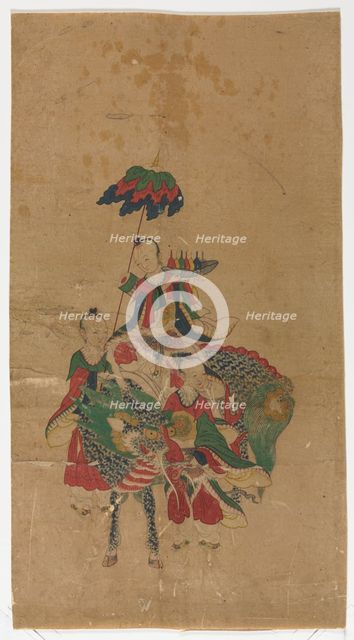 Daoist Immortal on a Kilin and Two Attendants, late 1800s. Creator: Unknown.