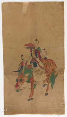 Daoist Immortal on a Kilin and Two Attendants, late 1800s. Creator: Sa Lin Pun (Korean)