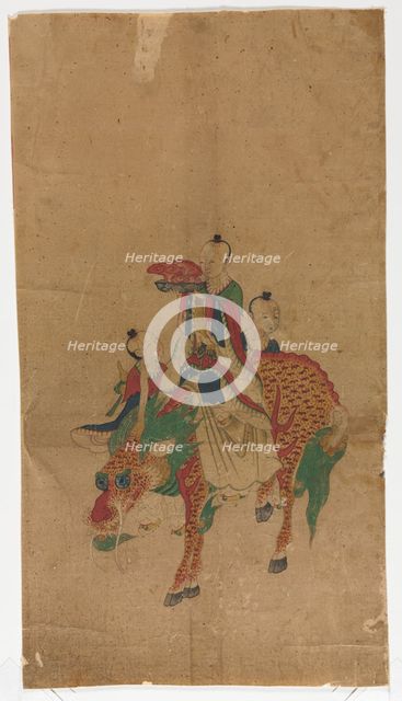 Daoist Immortal on a Kilin and Two Attendants, late 1800s. Creator: Sa Lin Pun (Korean).