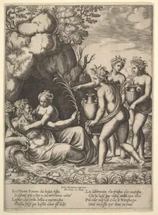 Daphne embracing her father, the river-god Peneus, at the left three nymphs bring jars ..., 1530-60. Creator: Master of the Die