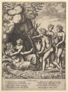 Daphne embracing her father, the river-god Peneus, at the left three nymphs bring jars ..., 1530-60. Creator: Master of the Die