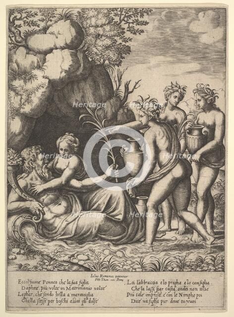 Daphne embracing her father, the river-god Peneus, at the left three nymphs bring jars ..., 1530-60. Creator: Master of the Die.