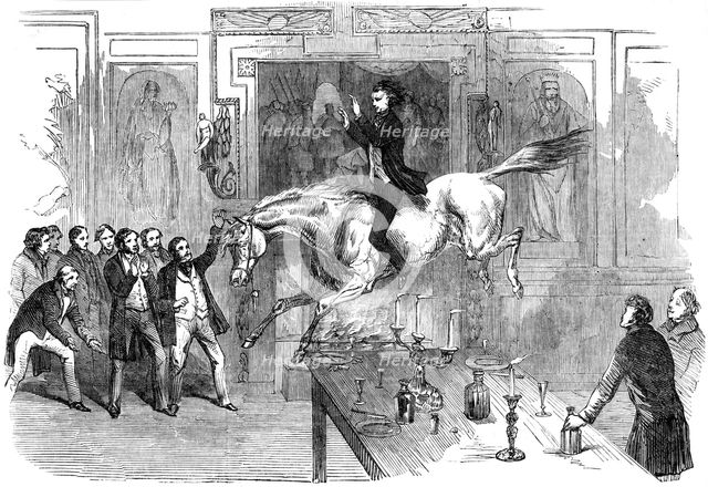 Daring leap in the dining room of the White Hart Hotel, Aylesbury, Buckinghamshire, 19th century. Artist: Unknown