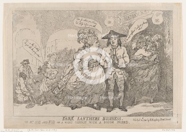 Dark Lanthern Business, or, Mrs. Hob and Nob On a Night Canvass With a Bosom Fri..., April 24, 1784. Creator: Thomas Rowlandson.