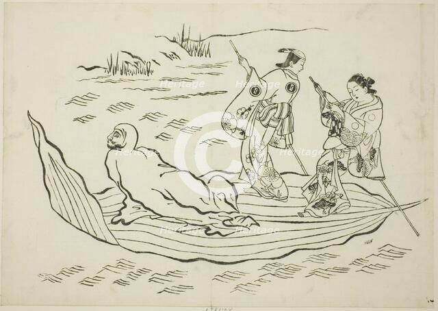 Daruma crossing the sea on a leaf, no. 7 from a series of 12 prints, c. 1708. Creator: Okumura Masanobu.