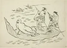 Daruma crossing the sea on a leaf, no. 7 from a series of 12 prints, c. 1708. Creator: Okumura Masanobu