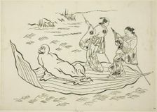 Daruma crossing the sea on a leaf, no. 7 from a series of 12 prints, c. 1708. Creator: Okumura Masanobu