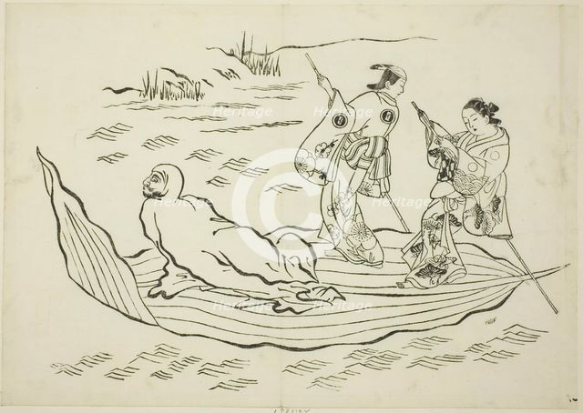 Daruma crossing the sea on a leaf, no. 7 from a series of 12 prints, c. 1708. Creator: Okumura Masanobu.