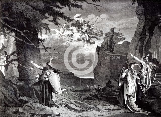 Das Rheingold by Richard Wagner. The Valkyrie's rock. Illustration to the premiere, 1869, 1869.