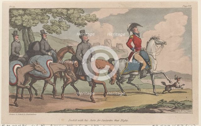 Dash'd with his suite for Santarem that night, from "The Military Adventures of Johnny New..., 1815. Creator: Thomas Rowlandson.