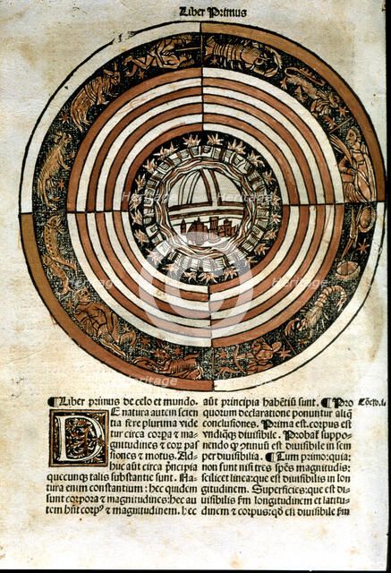  'De Celo et Mundo' by Aristotle, Book I, engraving of the earth as immobile center of the  Ptole…
