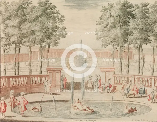 De Fontein van Hercules, met die van de Groote Sprong, voor 't Amphitheater', in: Tooneel ..., n.d.. Creator: Lorenz Scherm.