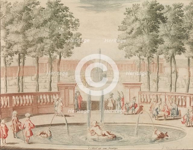 De Fontein van Hercules, met die van de Groote Sprong, voor 't Amphitheater', in: Tooneel ..., n.d.. Creator: Lorenz Scherm.