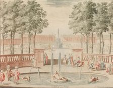 De Fontein van Hercules, met die van de Groote Sprong, voor t Amphitheater in: Tooneel ..., n.d.. Creator: Lorenz Scherm