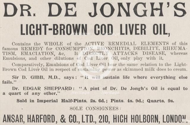De Jongh's Light-brown cod liver oil, 1898. Artist: Unknown