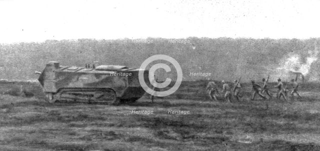 'De la Picardie au Chemin des Dames; un char d'assaut au milieu d'une vague d'infanterie', 1918. Creator: Unknown.