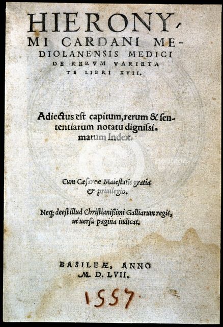 De rerum varietate libri XVII, cover of the 2nd edition, printed by Henricus Petrus of Basel in 1557 Creator: Cardano, Girolamo (1501 - 1576).