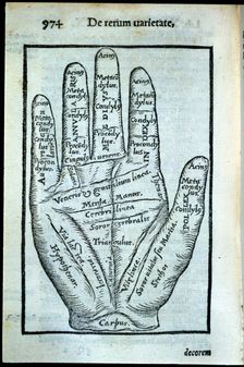 De rerum varietate libri XVII page illustrated with a hand, 1557. Creator: Cardano, Girolamo (1501 - 1576)