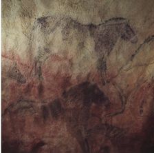 Detail nº5 of the large panel of the cave of Tito Bustillo (Ribadesella): on a red background the…