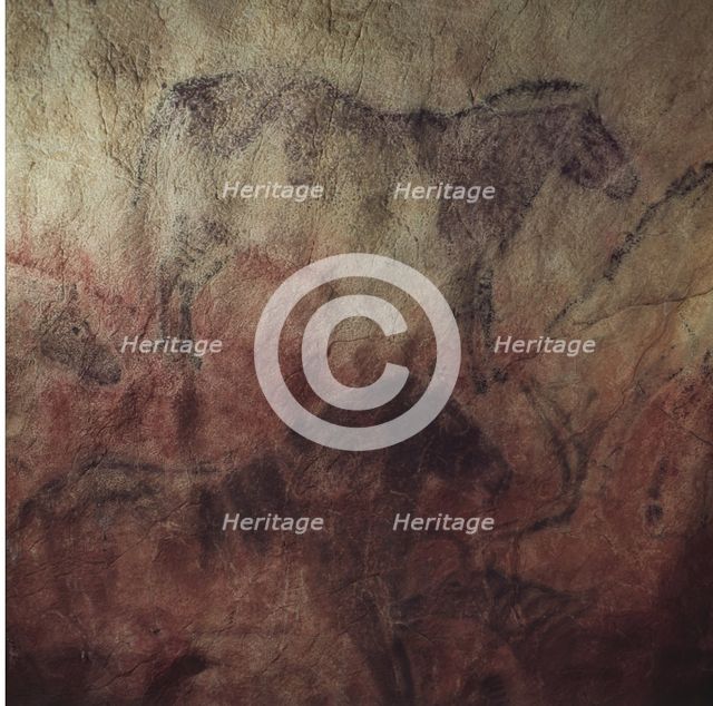 Detail nº5 of the large panel of the cave of Tito Bustillo (Ribadesella): on a red background the…