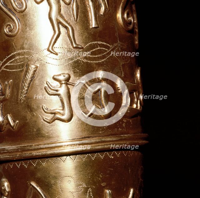 Detail of man with captive on Gallehus Horn, Danish. Artist: Unknown