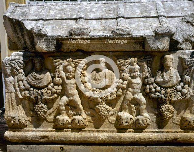 Detail of one of the faces of a Roman sarcophagus, Aphrodisias (Anatolia, Turkey), 2000. Creator: LTL.