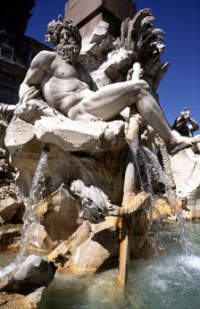 Detail of one of the Sculptures in the fountain dei quatro fiumi or Fountain of the Four Rivers…