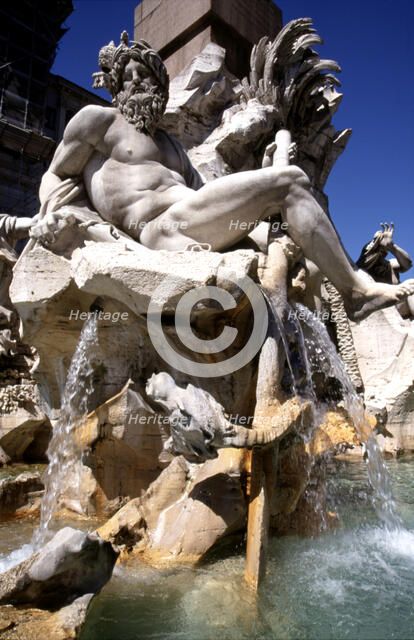 Detail of one of the Sculptures in the fountain 'dei quatro fiumi' or Fountain of the Four Rivers…