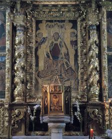 Detail of one of the tables with the representation of the patron saint of the altarpiece in the …