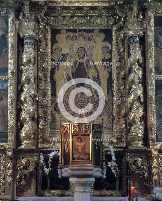 Detail of one of the tables with the representation of the patron saint of the altarpiece in the …