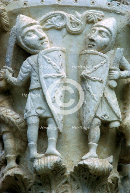 Detail of a column showing Norman Soldiers, 12th century. Artist: Unknown