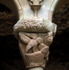 Detail of a capital representing The Dream of St. Joseph in the cloister of the monastery of Sa…