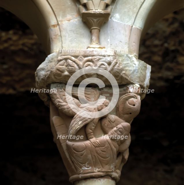 Detail of a capital representing 'The Dream of St. Joseph' in the cloister of the monastery of Sa…